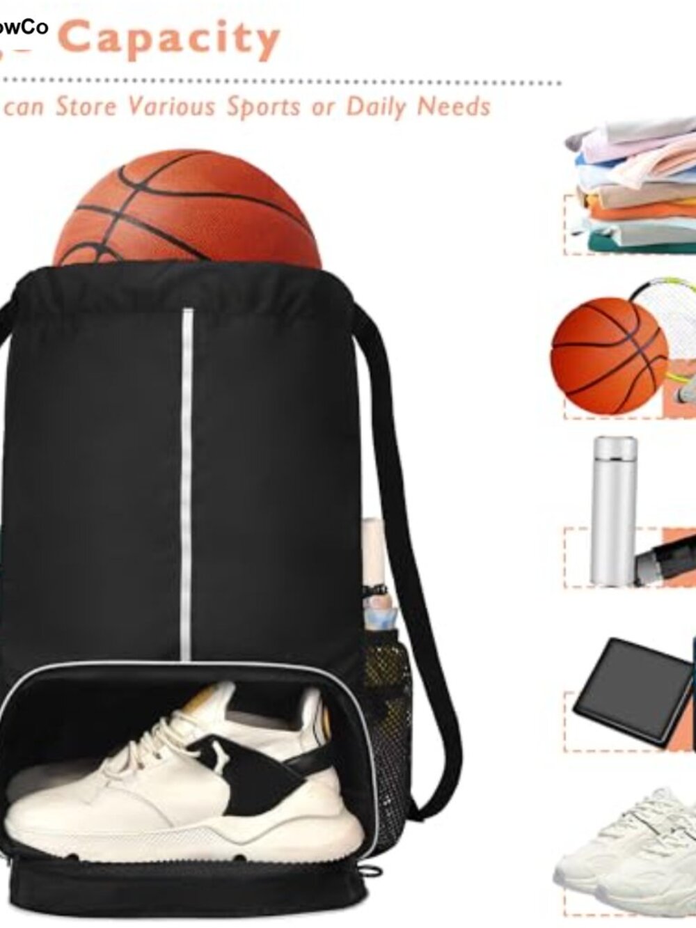 Large Waterproof Drawstring Backpack Gym Bag Shoe Compartment - Picture 4 of 6